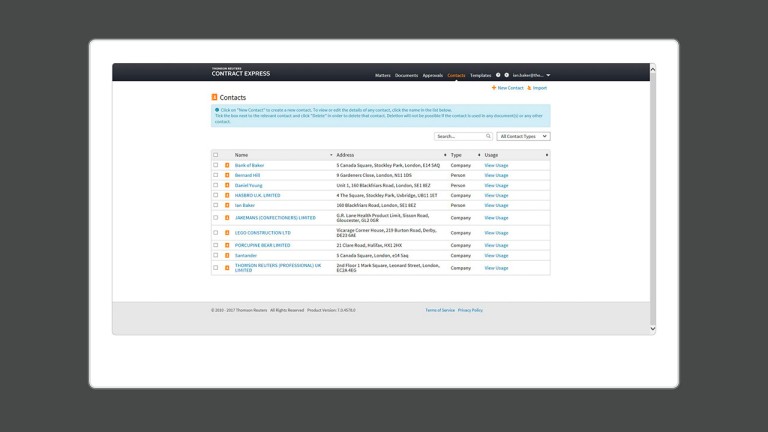 A screenshot of the contact page of Contract Express legal document automation software