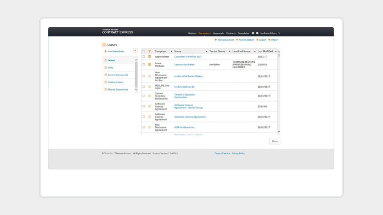 A screenshot of the datasheets list in legal document automation software Contract Express