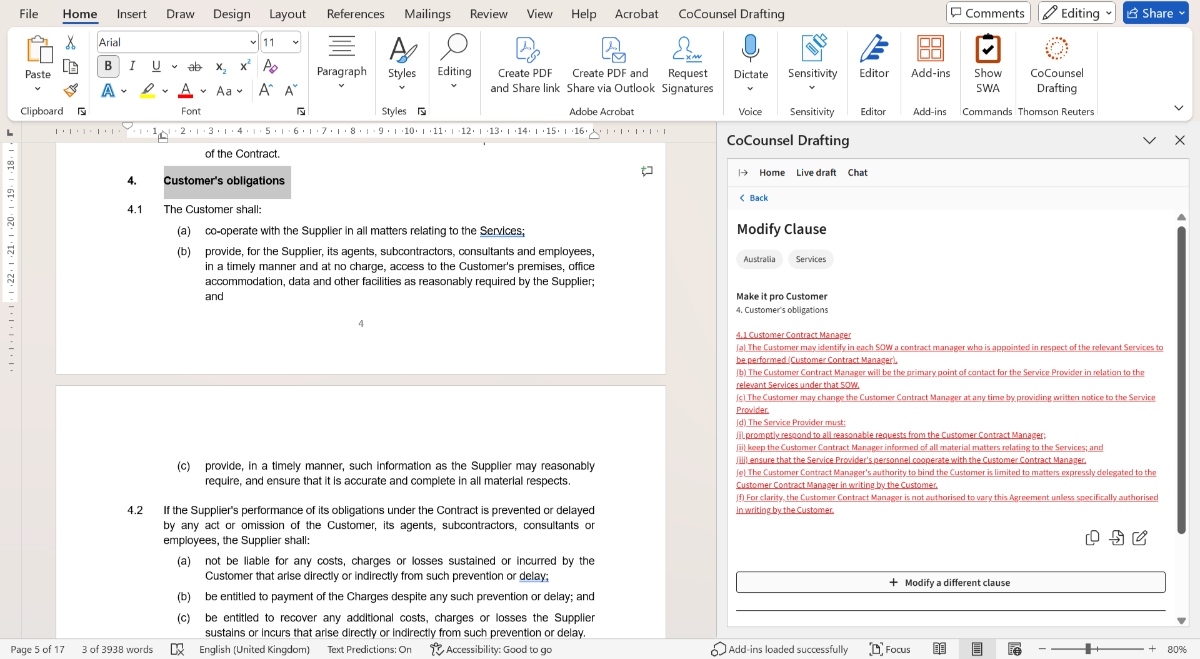 CoCounsel draft and modify clauses